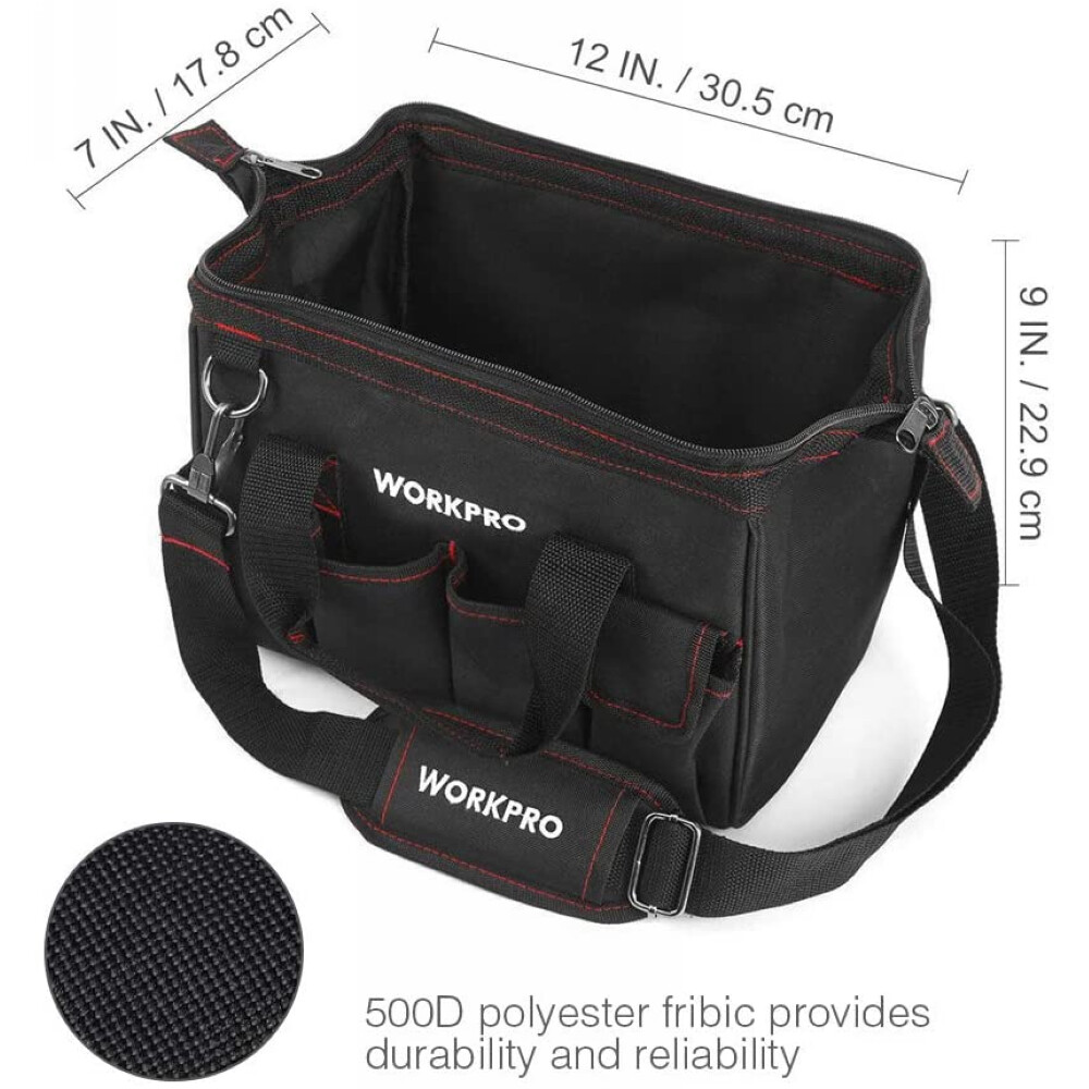 Workpro 12” Storage Tool Bag Close Top Wide Open Mouth Polyester Double Zipper