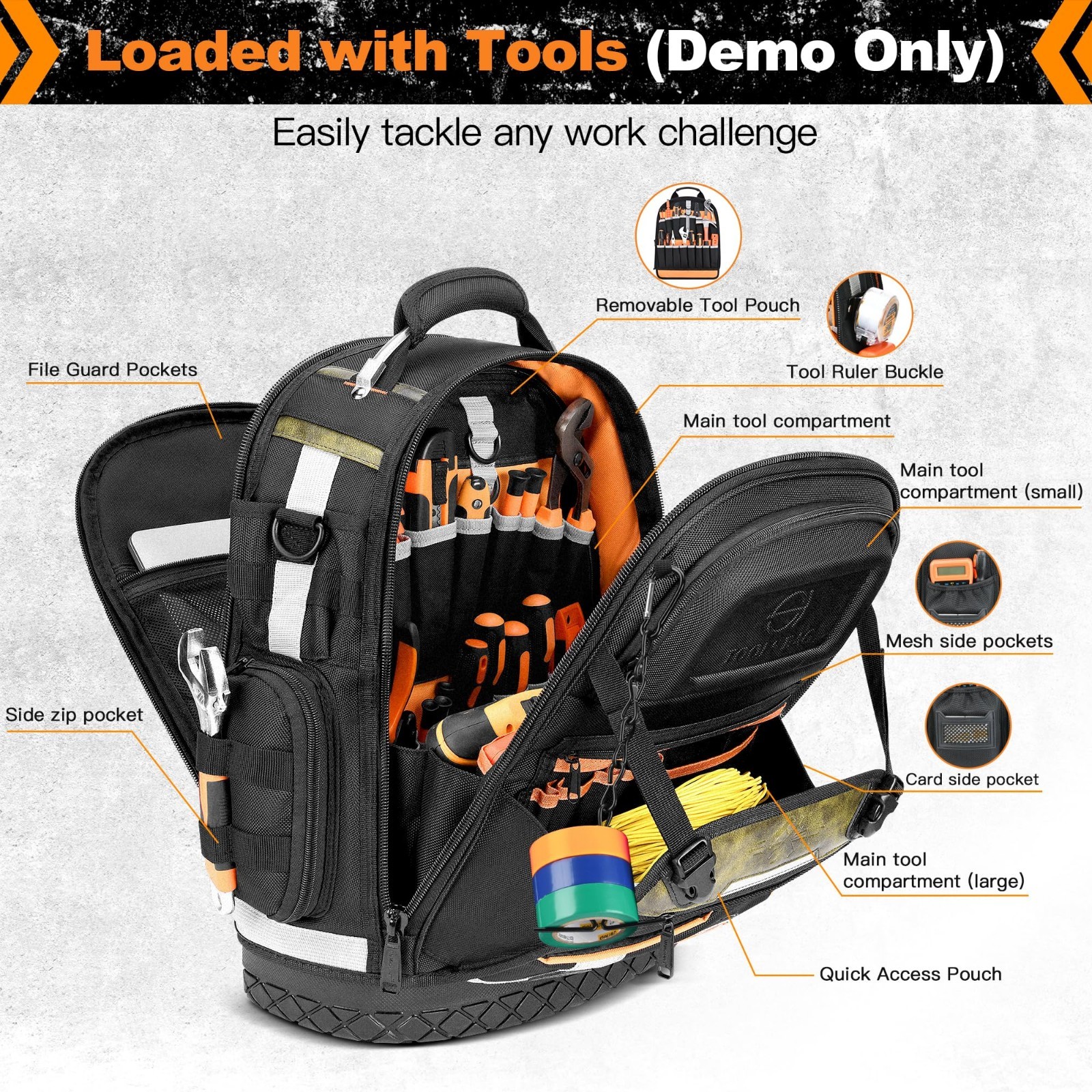 Heavy Duty Tool Backpack for Men, Durable 1680D Organizer with Molded Base & Loc