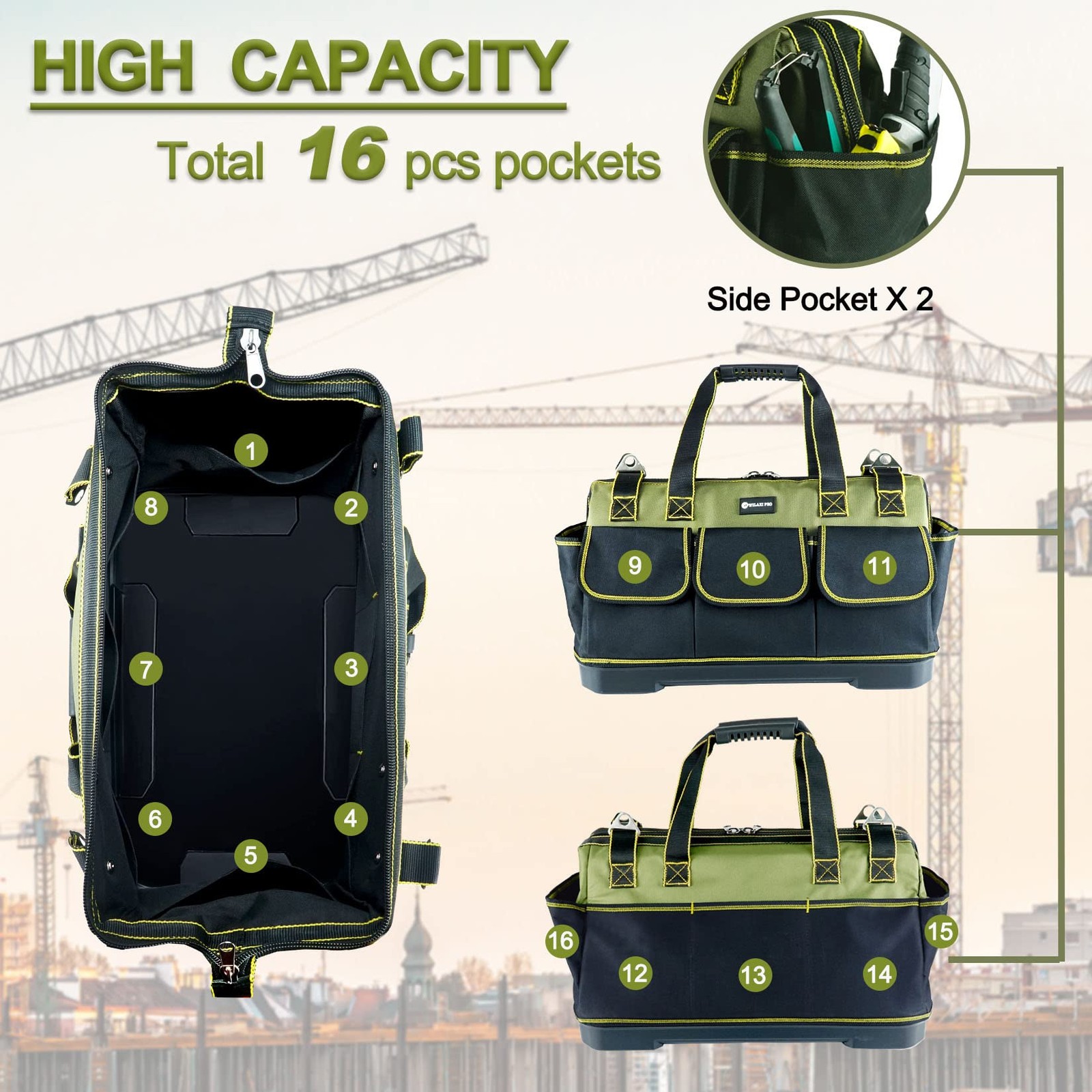 17 Inch Tool Bag Men Heavy Duty Waterproof Molded Base Wide Mouth Tote Bag