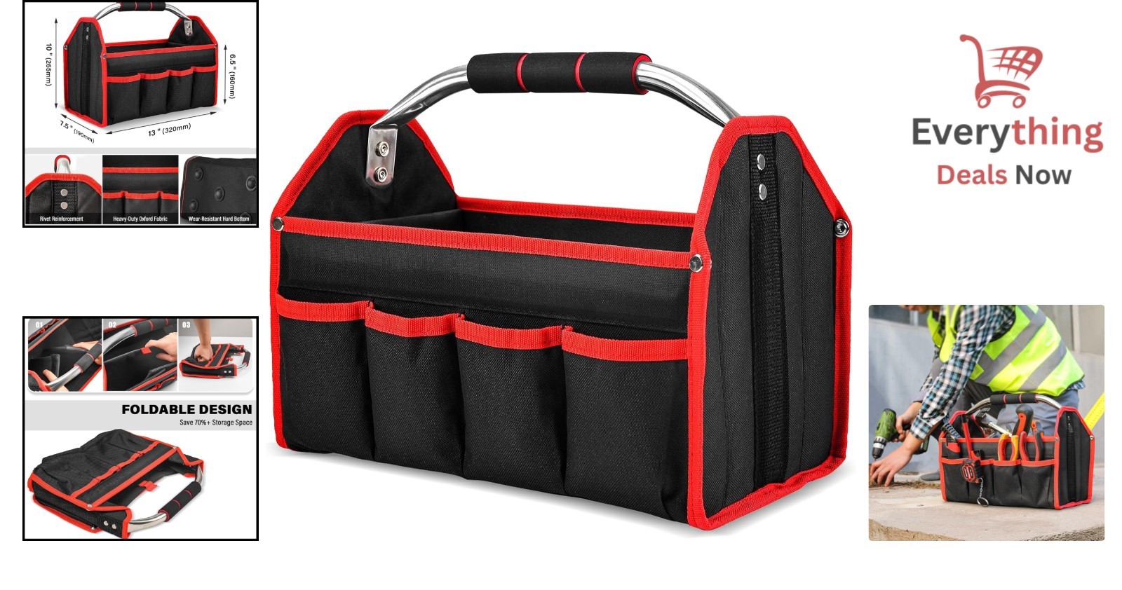 13 Inch Open Top Tool Bag Heavy Duty Organizer Tote Water Resistant Rigid Frame
