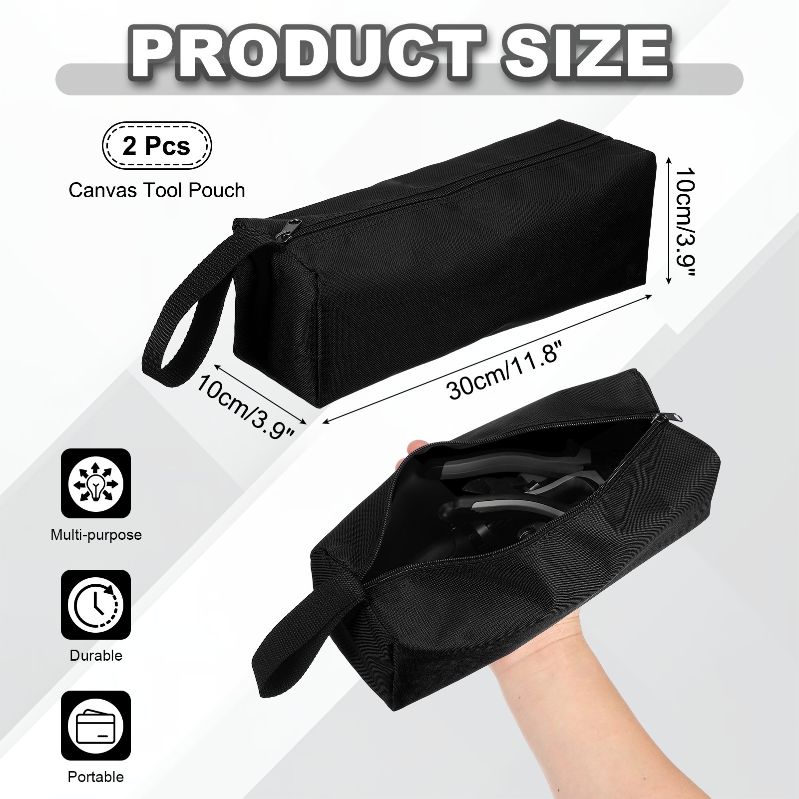2 Pcs Multi Purpose Zipper Canvas Tool Pouch, Black 11.8×3.9×3.9″