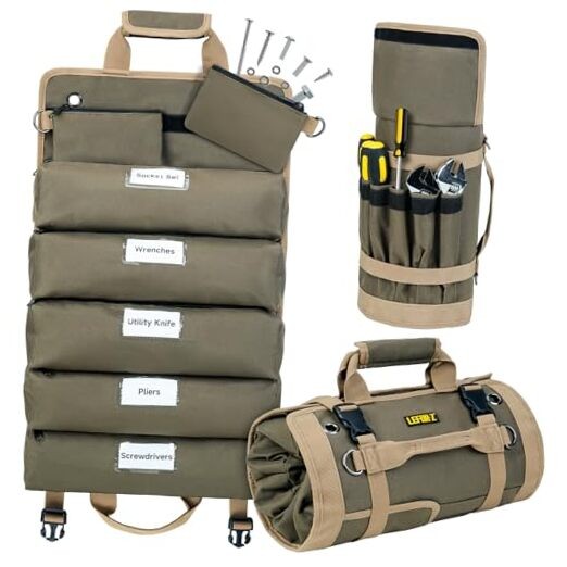 Tool Bag,Large Roll Up Tool Bag Organizer,13 Pockets Tool X-Large Olive Green