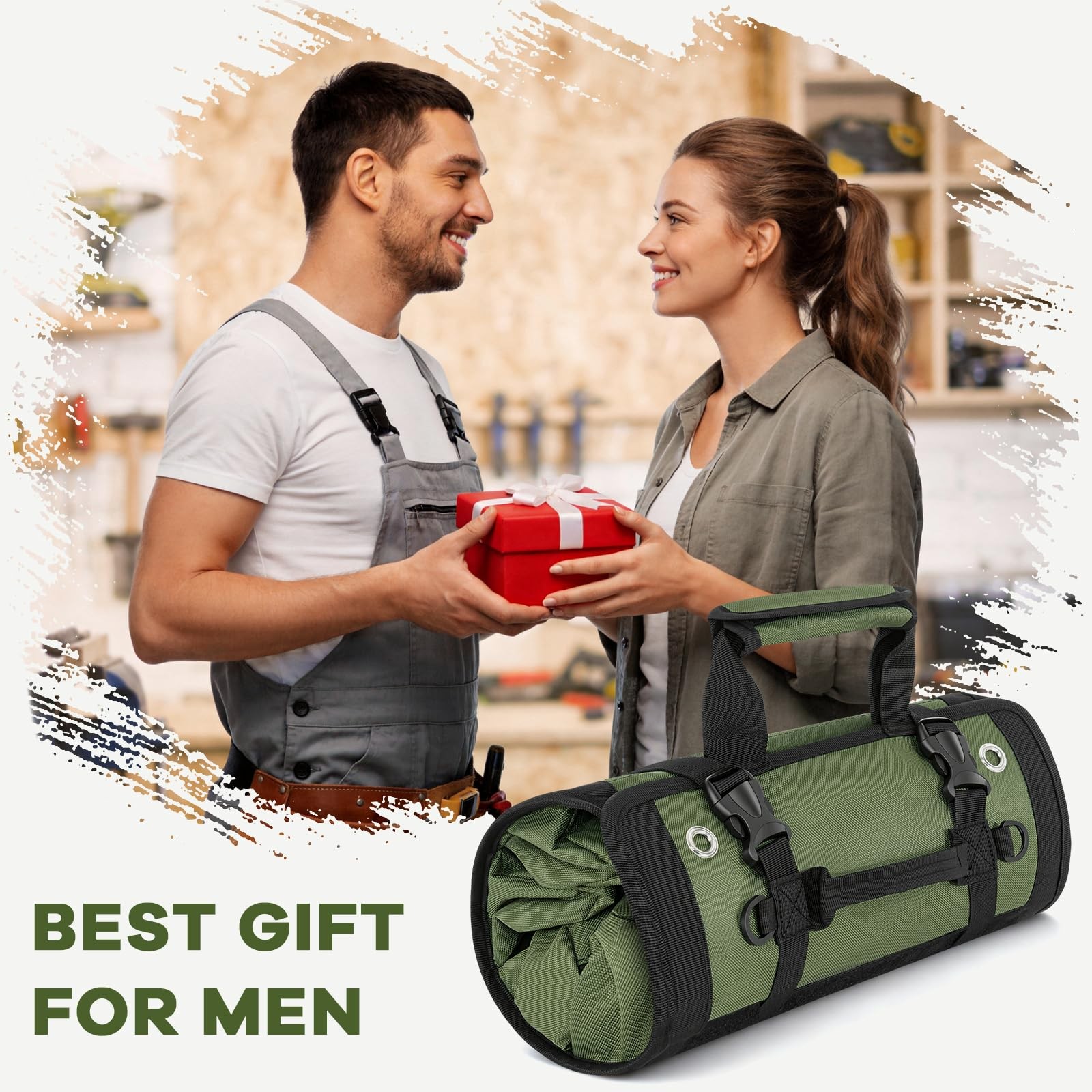 Green Regular Roll Up Tool Bag Organizer Heavy Duty 2 Detachable Pouches