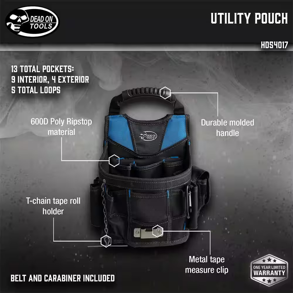 10 In. Open Top Tool Tote Utility Pouch Bag with Black Finish and 13 Total Pocke