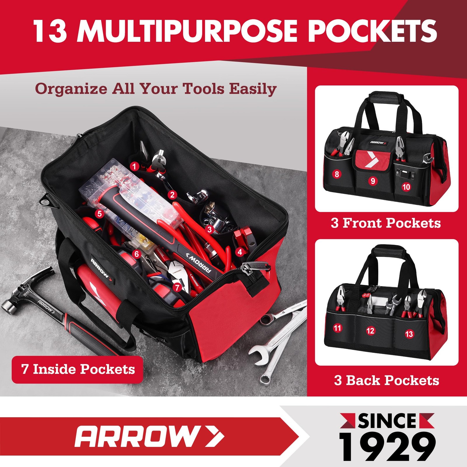 16in Tool Bag Organizer with Wide Open Mouth 13 Pockets Heavy Duty ARROW