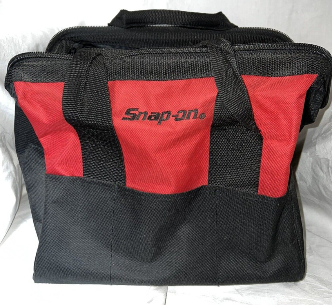 Snap-On Tool Bag Red Wide Mouth Zipper Close Double Handle Outer Sleeve Pockets