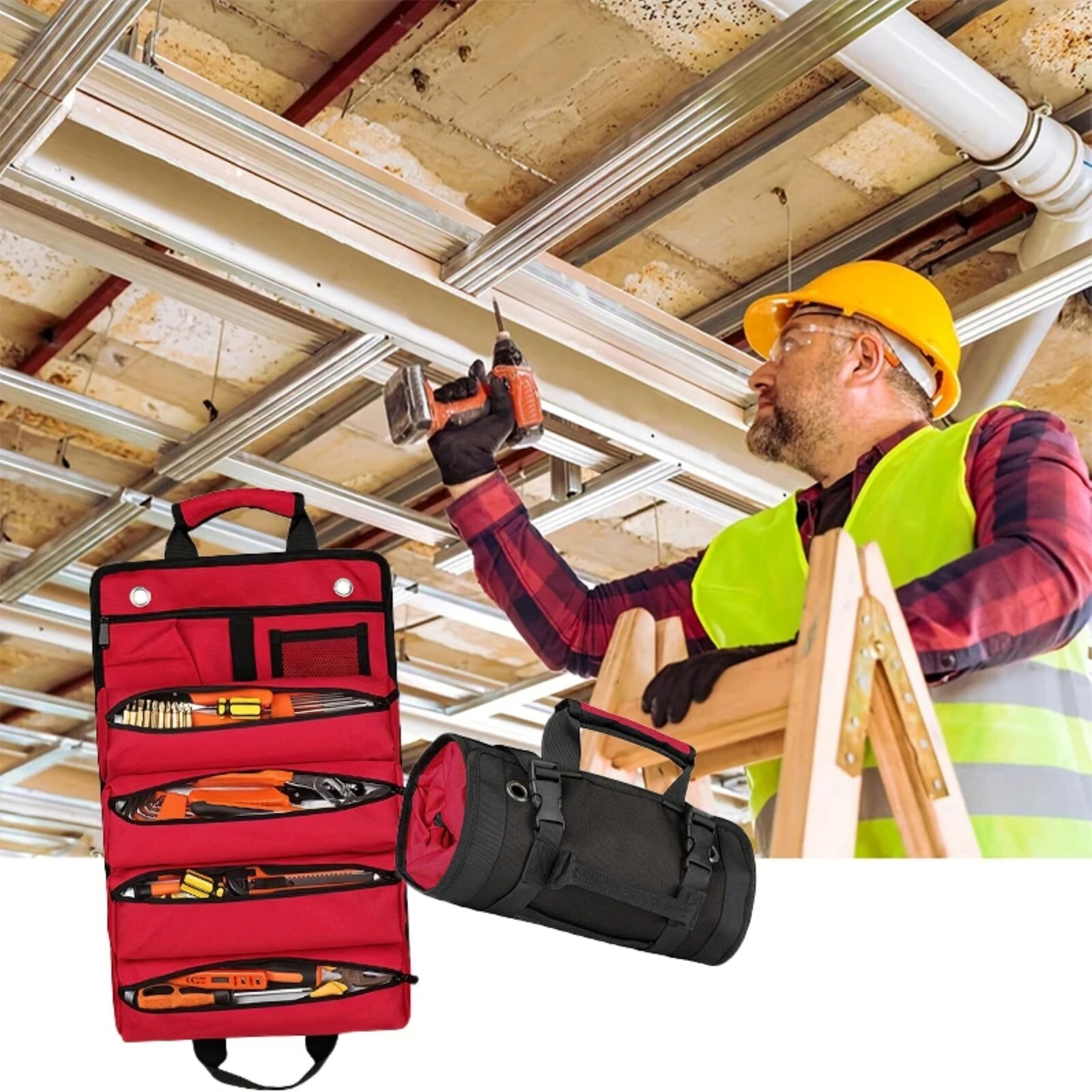 Multi-Purpose Tool Roll Up Bag 5 Pocket Wrench Pouch Canvas Hanging Organizer
