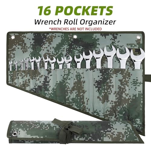 16 Pocket Wrench Roll Organizer – Rolled Tool Pouch Bag – Dark Camouflage