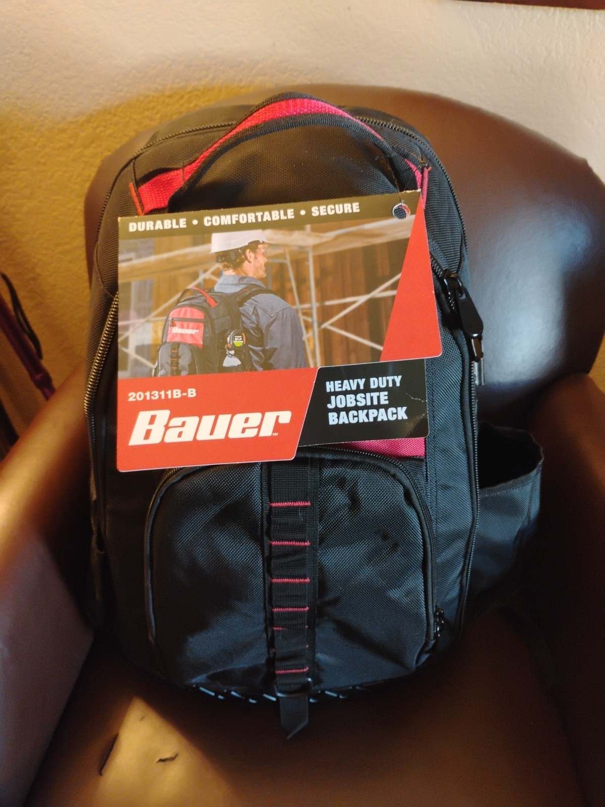 Bauer Heavy Duty Jobsite Backpack 3 Compartment Toolbag Organizer Pockets Zip Up