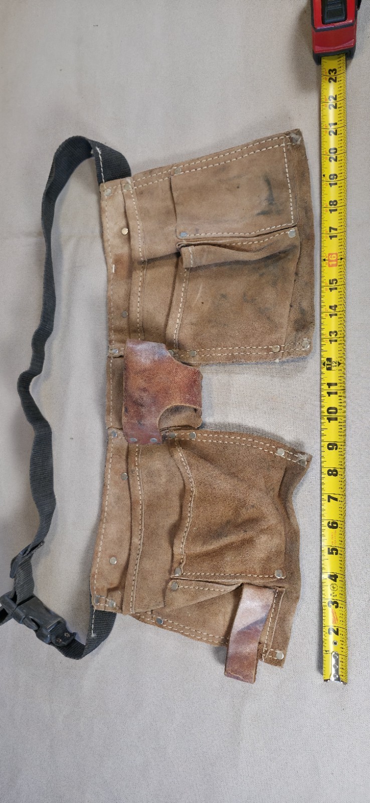 Vintage Suede Leather Carpenter Tool Belt Apron 2-Pouch Hammer Loop 22in Wide