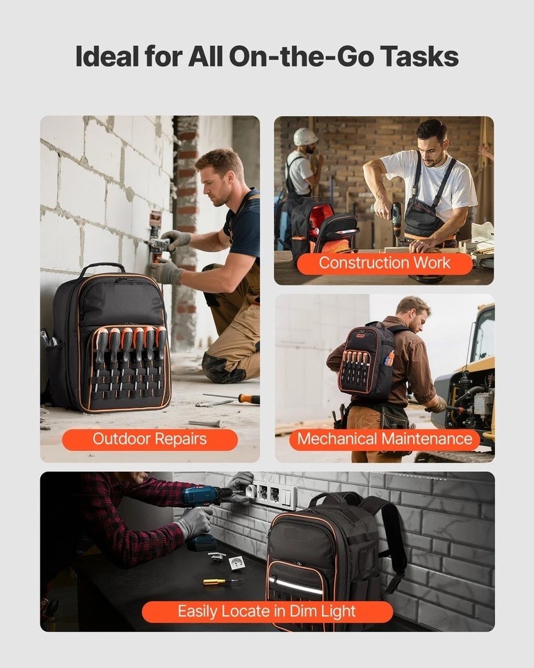 Tool Backpack 49 Pockets Tear-resistant Jobsite Backpack for Electrician