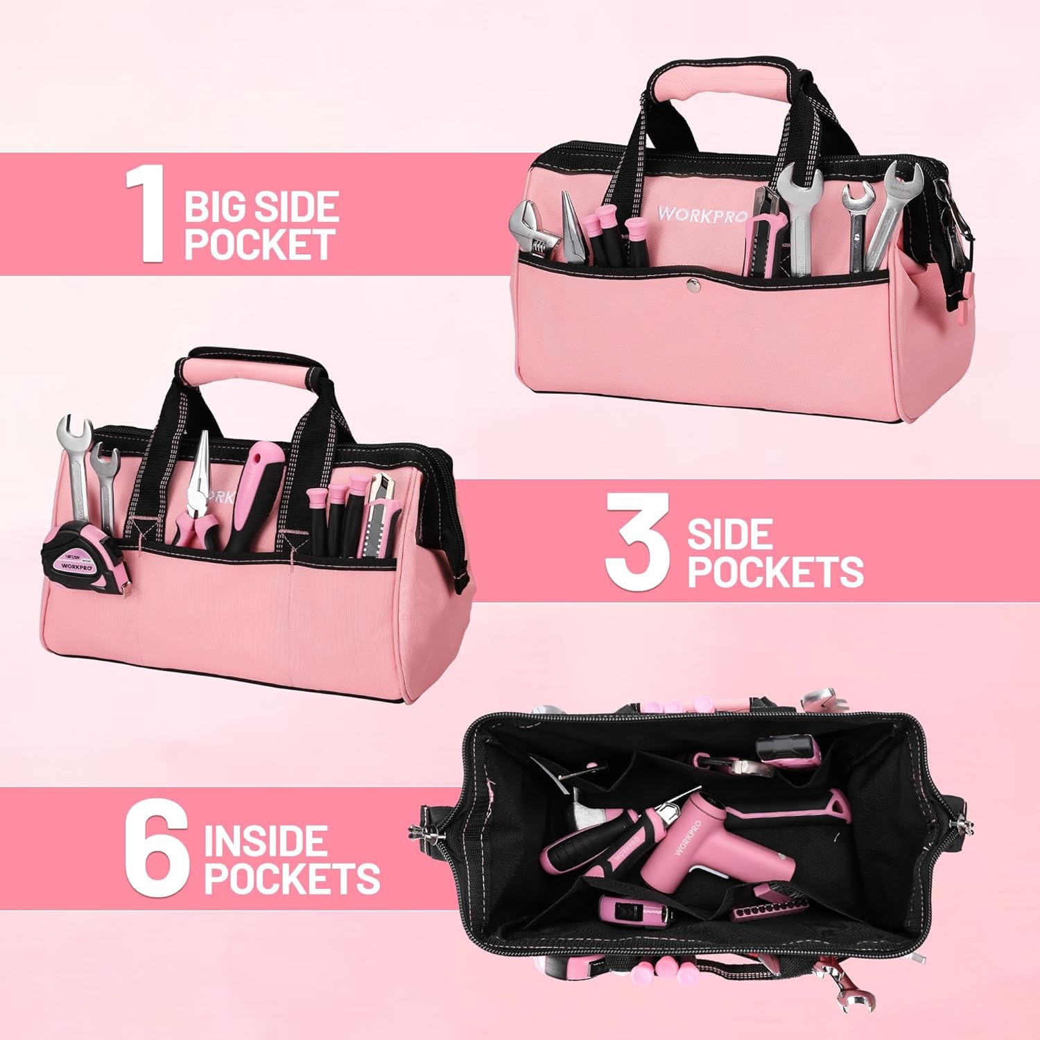 WORKPRO 13-Inch Tool Bag Pink Soft Cloth Tool Storage Bags with Inside Pockets