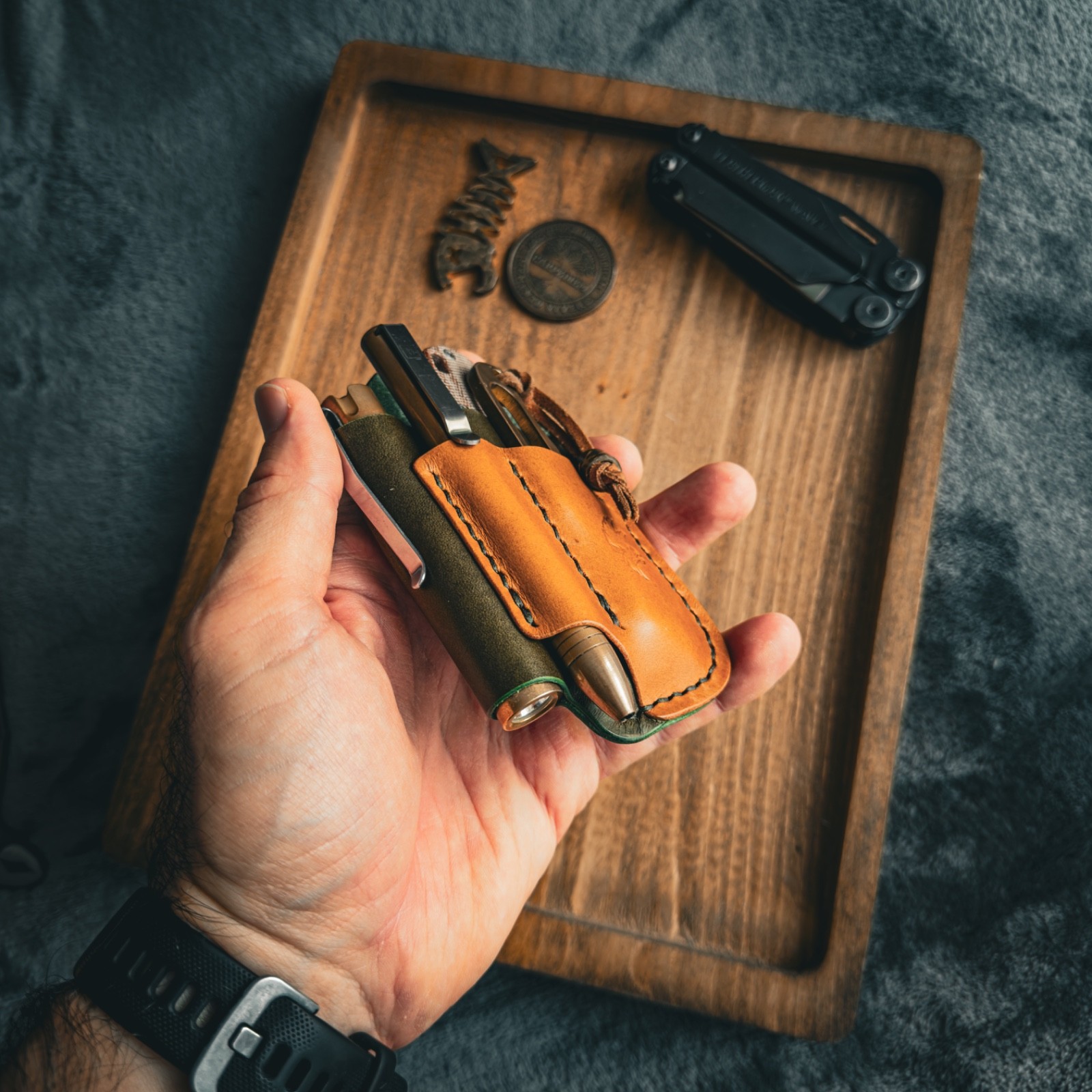 Handmade Olive Green & Whiskey Leather Edc Pocket Organizer, Leather Edc Pouch