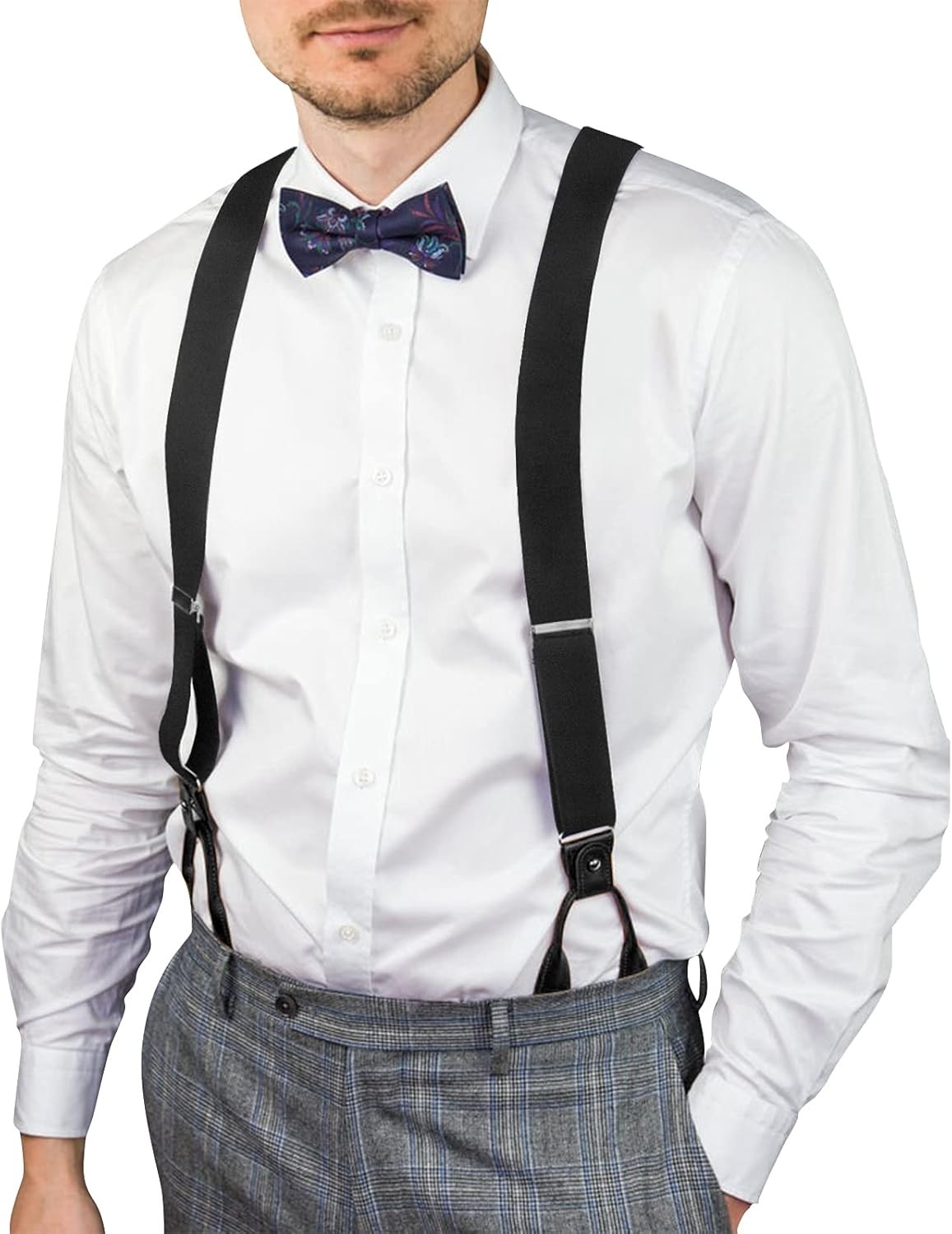 AWAYTR Mens Brown Button End Suspenders – Adjustable Elastic Y Shape Black