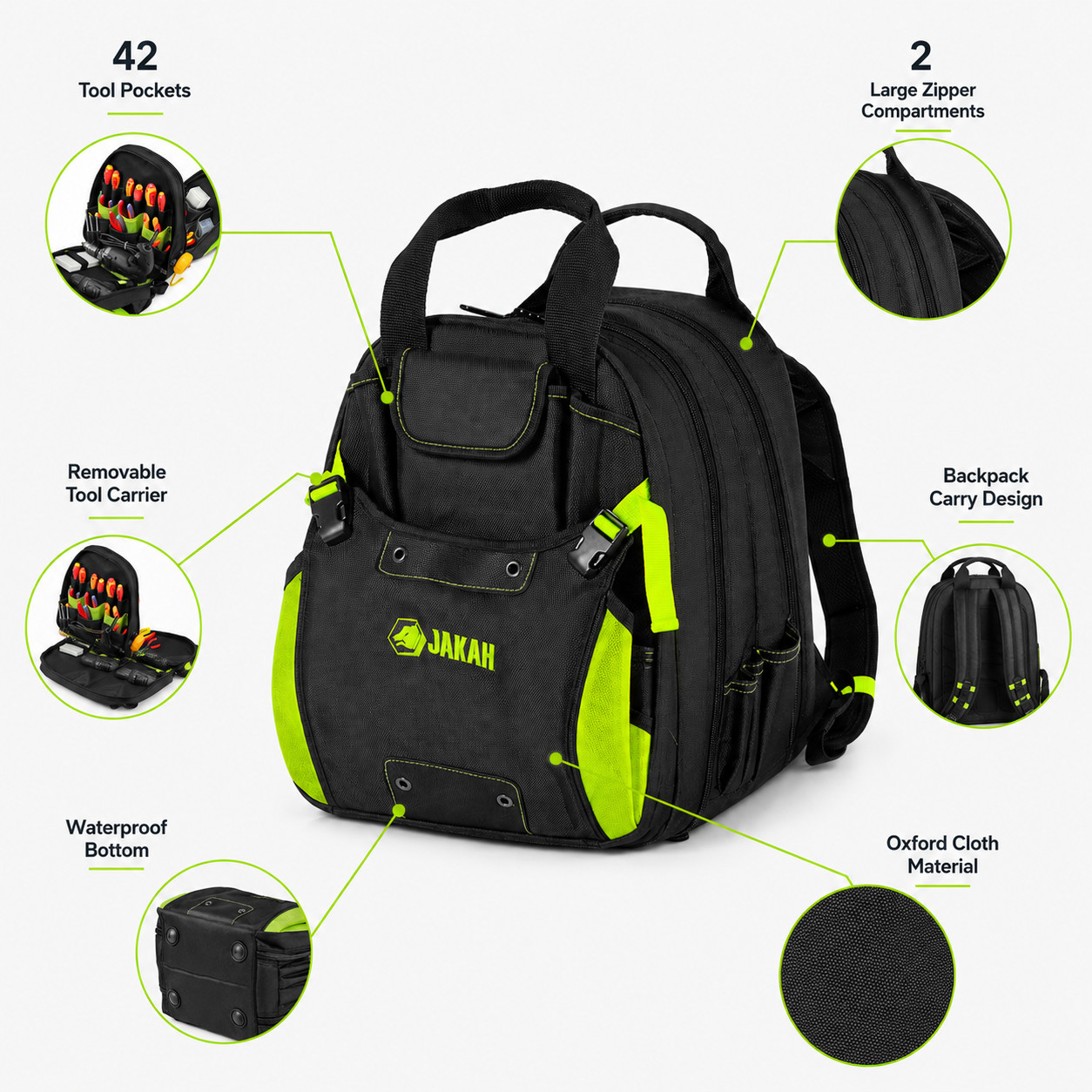 42 Pocket Tool Backpack Waterproof Bottom Electrician Organizer Bag Green