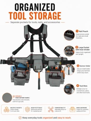 Heavy Duty Tool Belt with Suspenders, Adjustable Work Belt, Gray/Black
