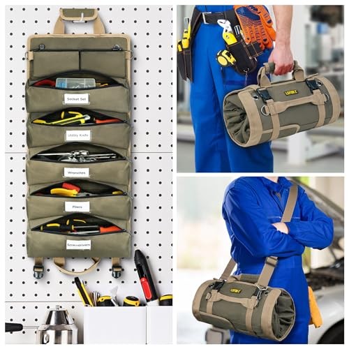 Tool Bag,Large Roll Up Tool Bag Organizer,13 Pockets Tool X-Large Olive Green