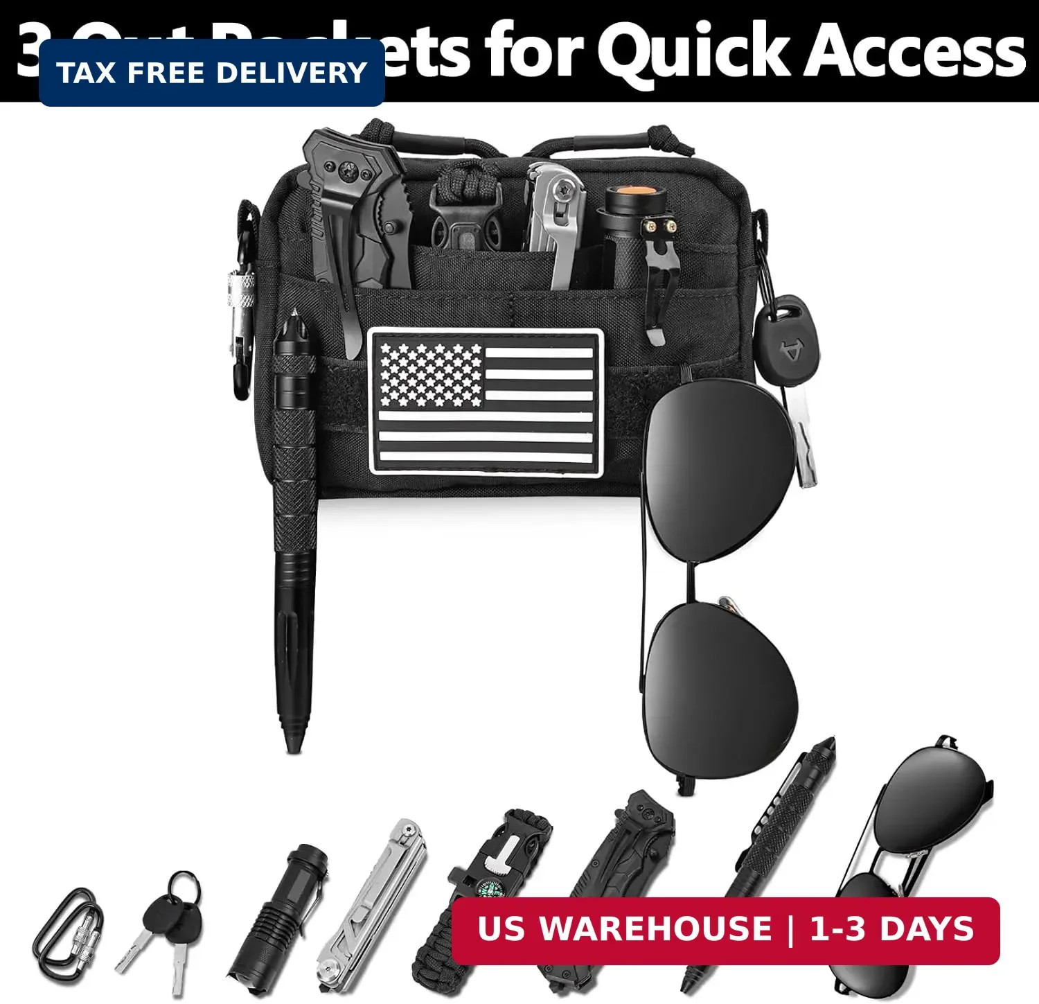 Small Belt Bag for Men Water Resistant EDC Pocket Organizer USA Flag Hiking Work