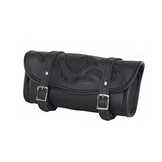 Motorcycle Tool Bag Leather Motorcycle Handlebar Bag 10″ Black with Flames
