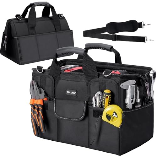 Heavy Duty Tool Bag with Multi-Pockets, Portable Tool 16″ Standard Base Black