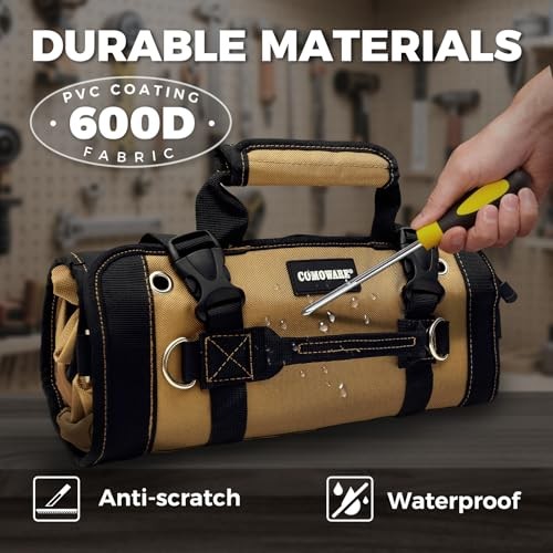 Roll Up Tool Bag, 600D Oxford PVC Coated Tool Organizer with 11 Roll-Up Khaki