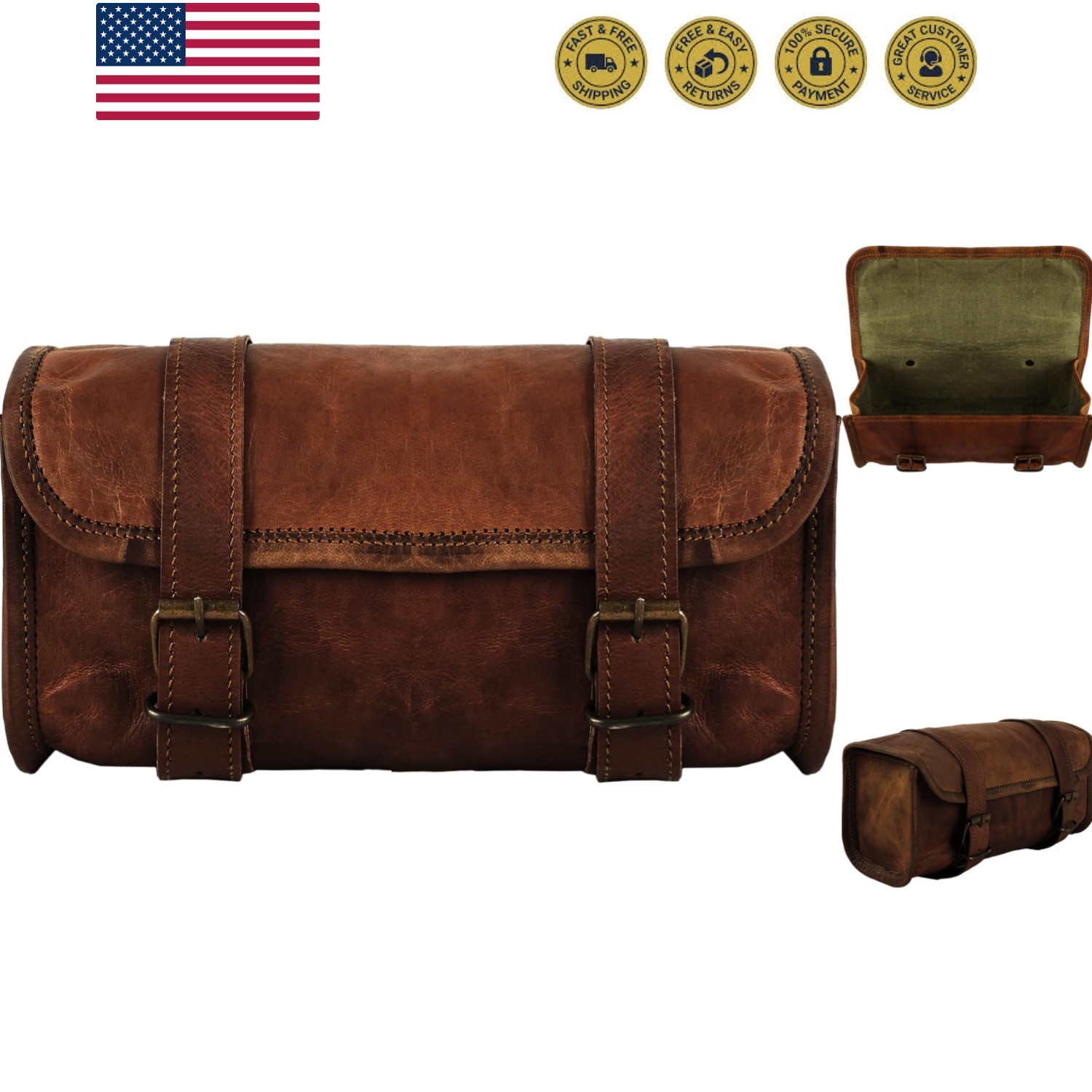 Genuine Goat Leather Vintage Motorcycle 2 Strap Buckle Closure Tool Brown Bag…