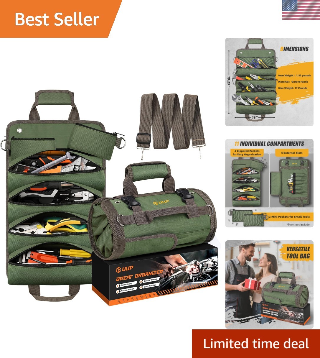 Compact Tool Roll Bag with 11 Compartments – Perfect for Mechanics & Craftsmen