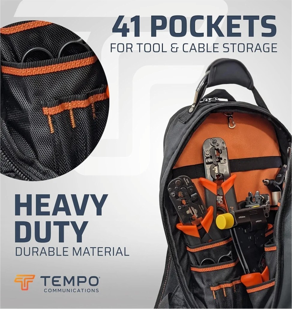 TEMPO PA9000 Tool Bag Backpack, 40-pocket Heavy-Duty Electrician Backpack,…