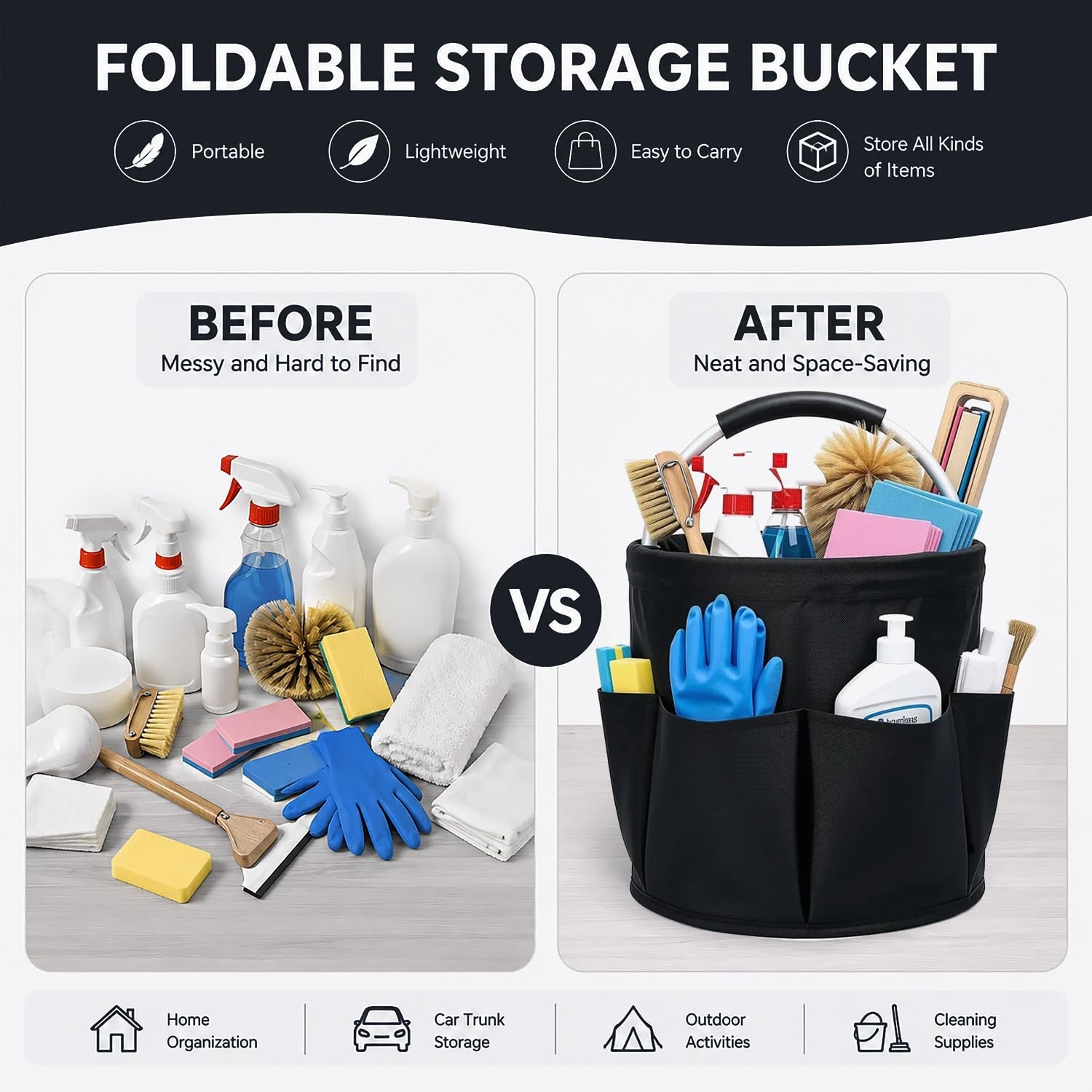 Cleaning Caddy with Handle 17L Foldable Storage Basket, Heavy Duty 600D Oxford