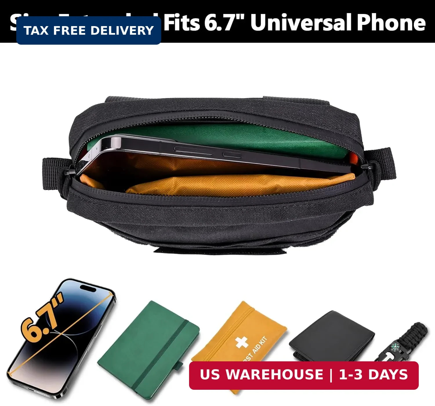 Small Belt Bag for Men Water Resistant EDC Pocket Organizer USA Flag Hiking Work