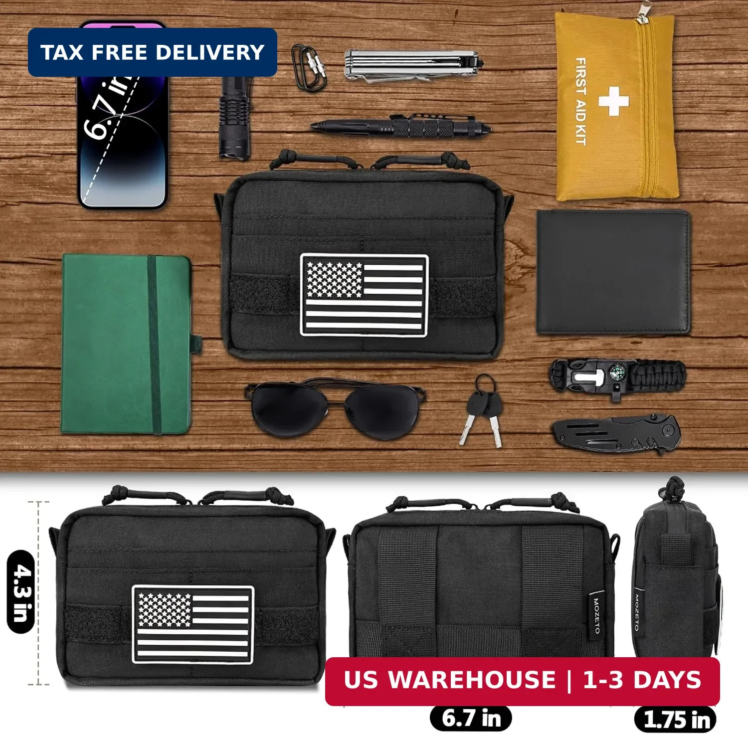 Small Belt Bag for Men Water Resistant EDC Pocket Organizer USA Flag Hiking Work