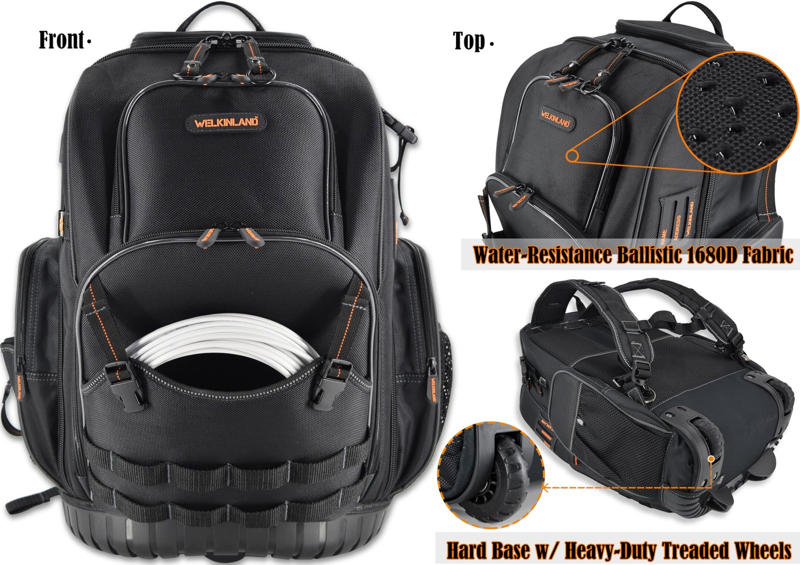 WELKINLAND 72Pockets Rolling Tool backpack, Large tool Large, Black w/ Orange