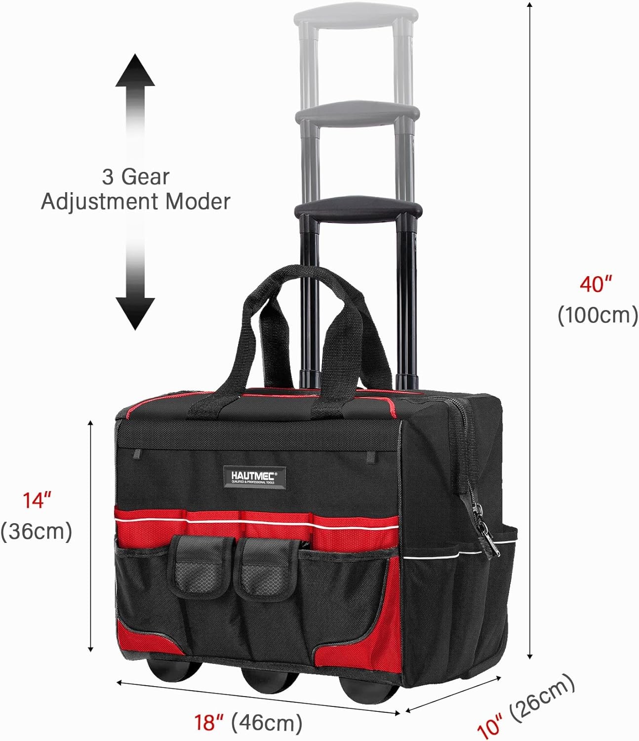 HAUTMEC 18″ Rolling Tool Bag with Wheels, 23-Pocket Portable Tool Box Organizer