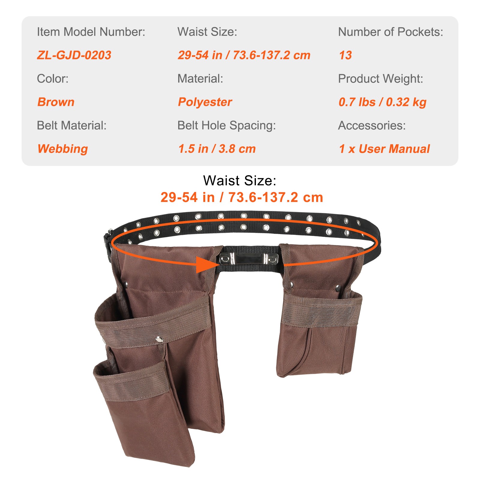 VEVOR Tool Belt Carpenter Construction Tool Pouch 13 Pockets 29″-54″ Waist Size