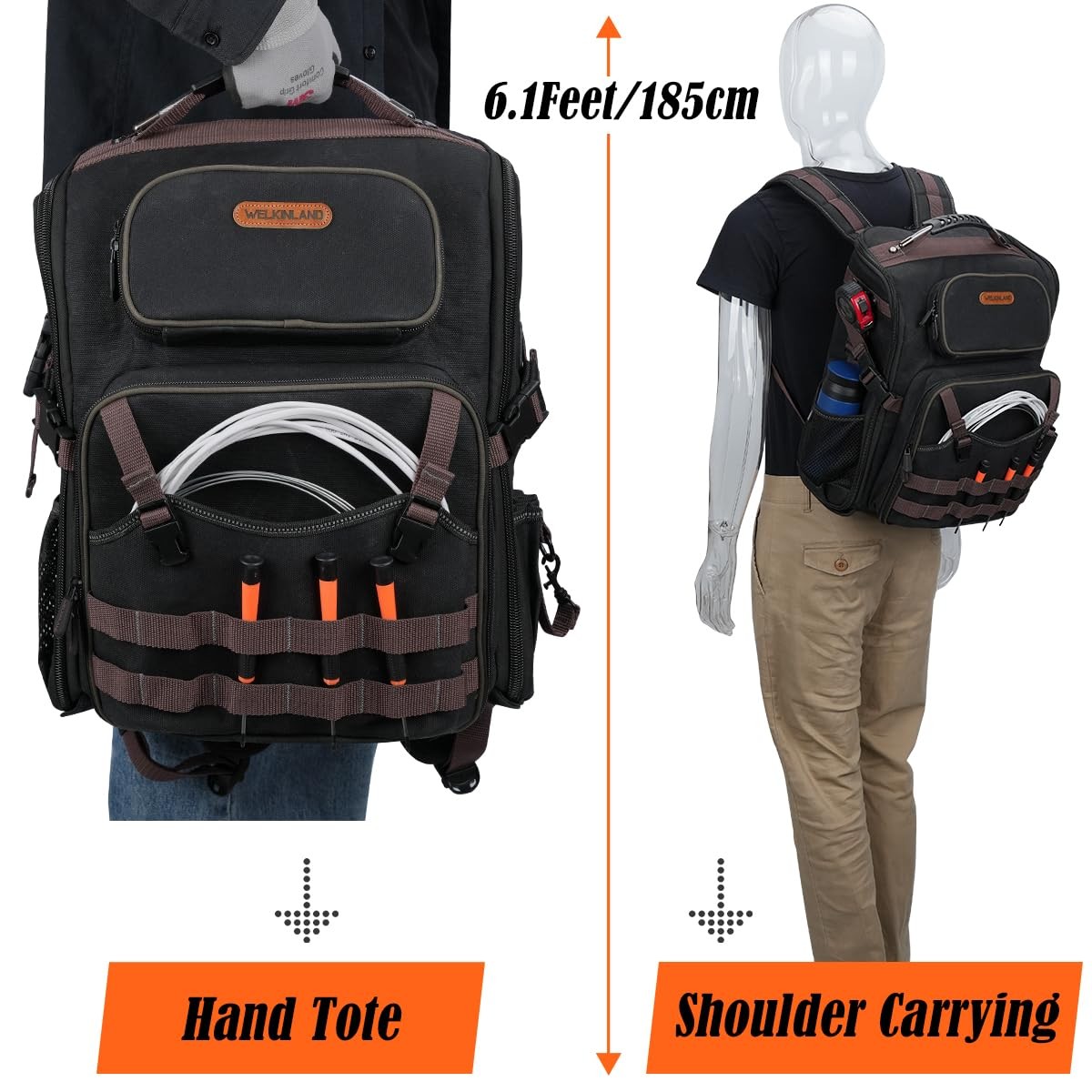 WELKINLAND 46-Pockets Electrician Backpack, Full-Open Tool Brown & Black