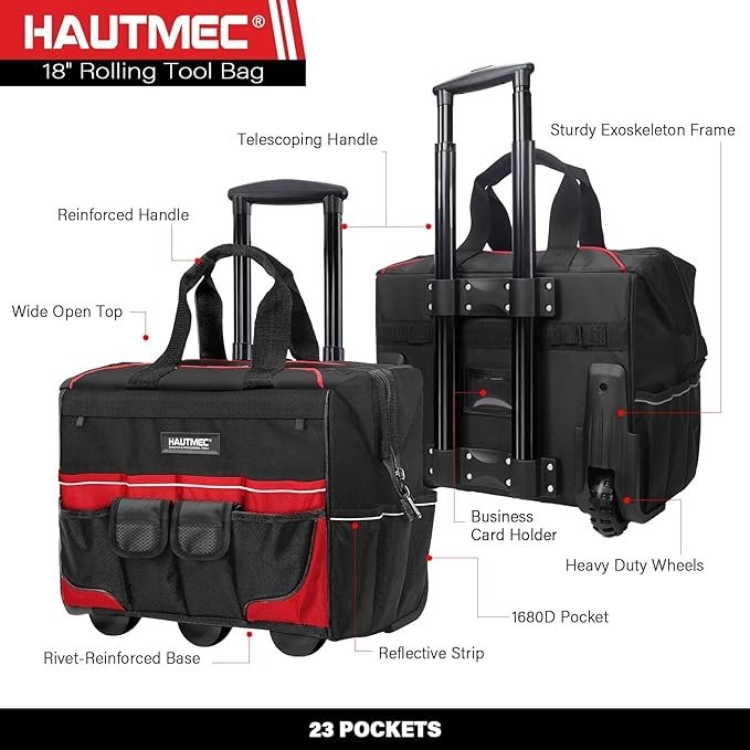 HAUTMEC 3-Piece Rolling Tool Bag Set, 18″ Wheeled Tool Bag, 15″ Open Top Tool To