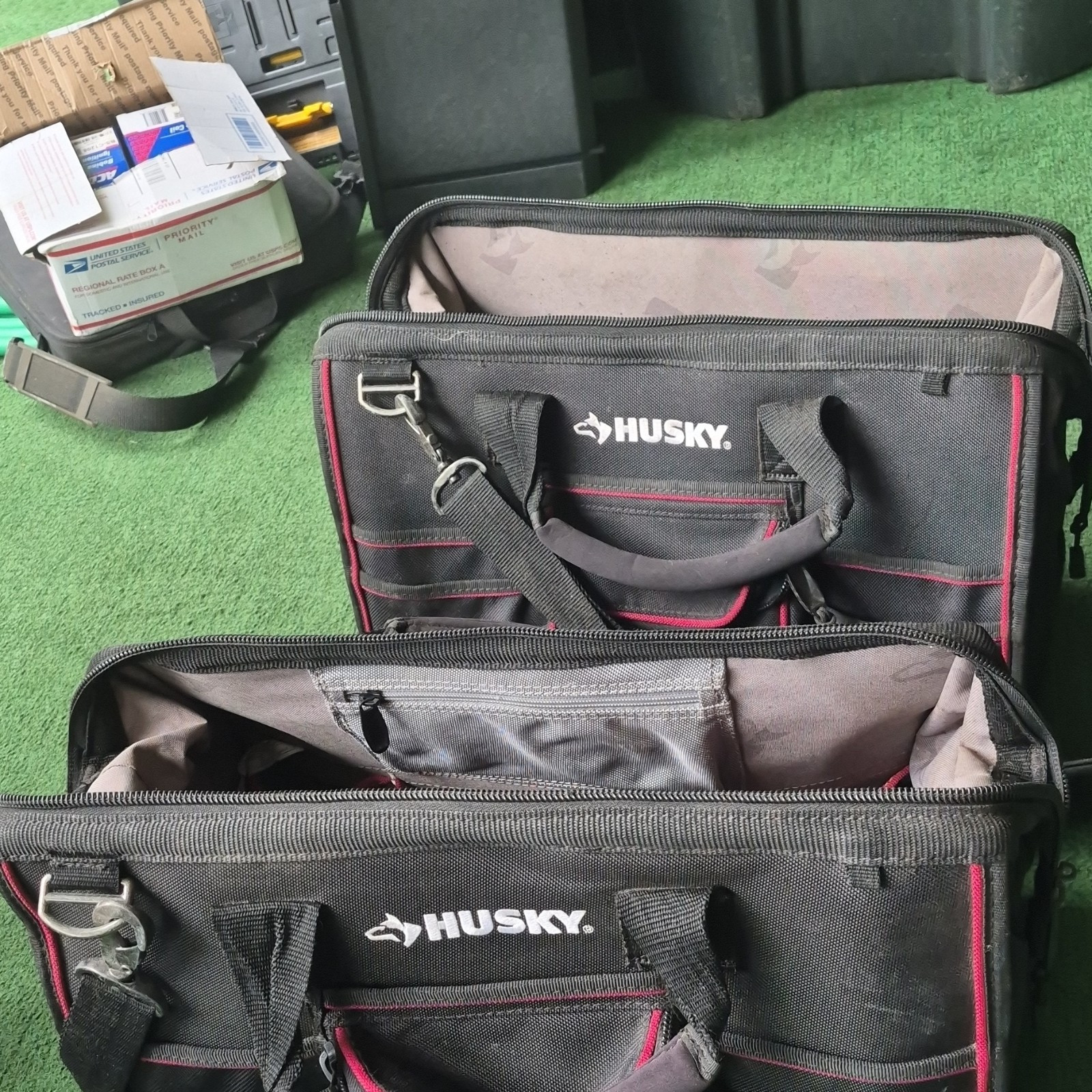 Husky Tool Bag Set of 2 Black Red Trim Multiple Compartments Zippered Handle