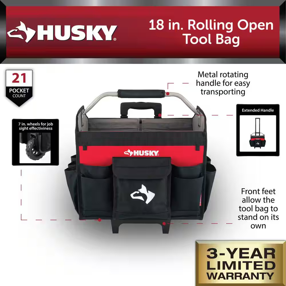 18 In. Rolling Open Tote Tool Bag with Extended Handle