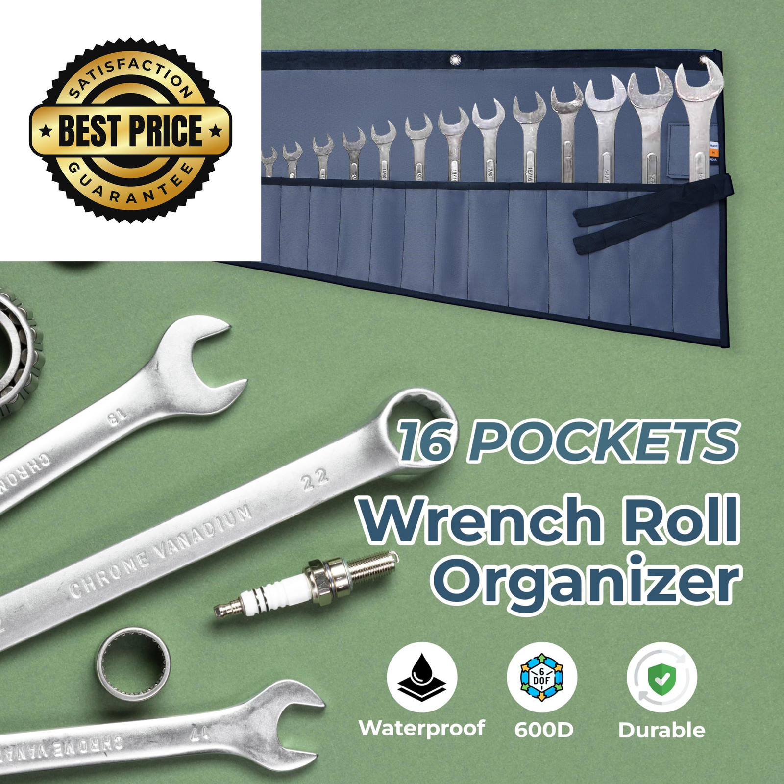 Bull Tools 16 Pockets Wrench Roll Up Pouch, Ratchet & 12 x 8 x 1 Inches, Grey