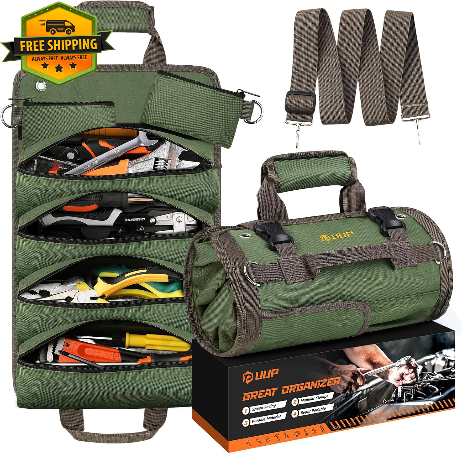 Heavy Duty Roll Up Tool Bag Foldable Tool Organizer w/Pockets Green
