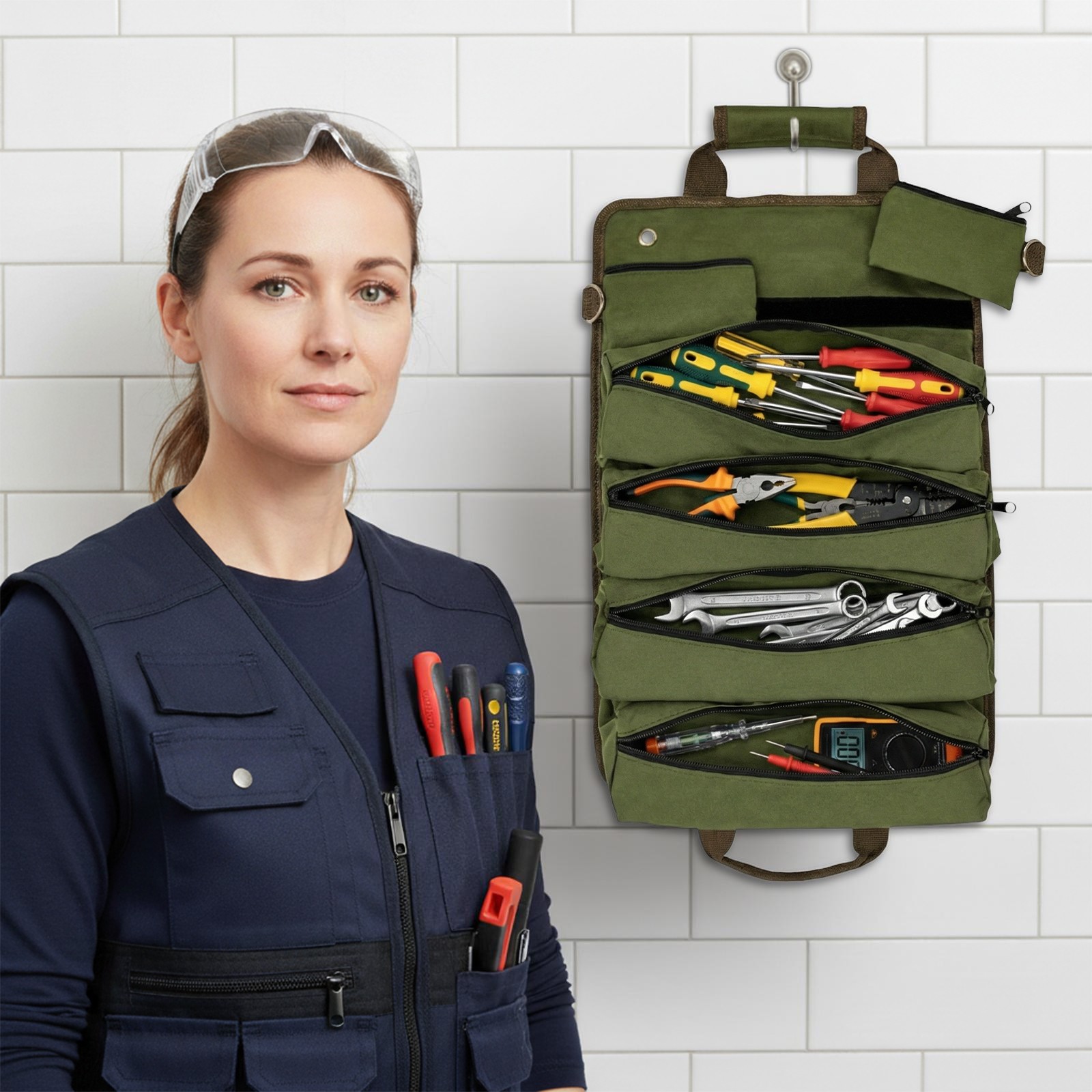 Heavy Duty Foldable Roll Up Tool Bag with 4 Compartments & 2 Detachable Pouches