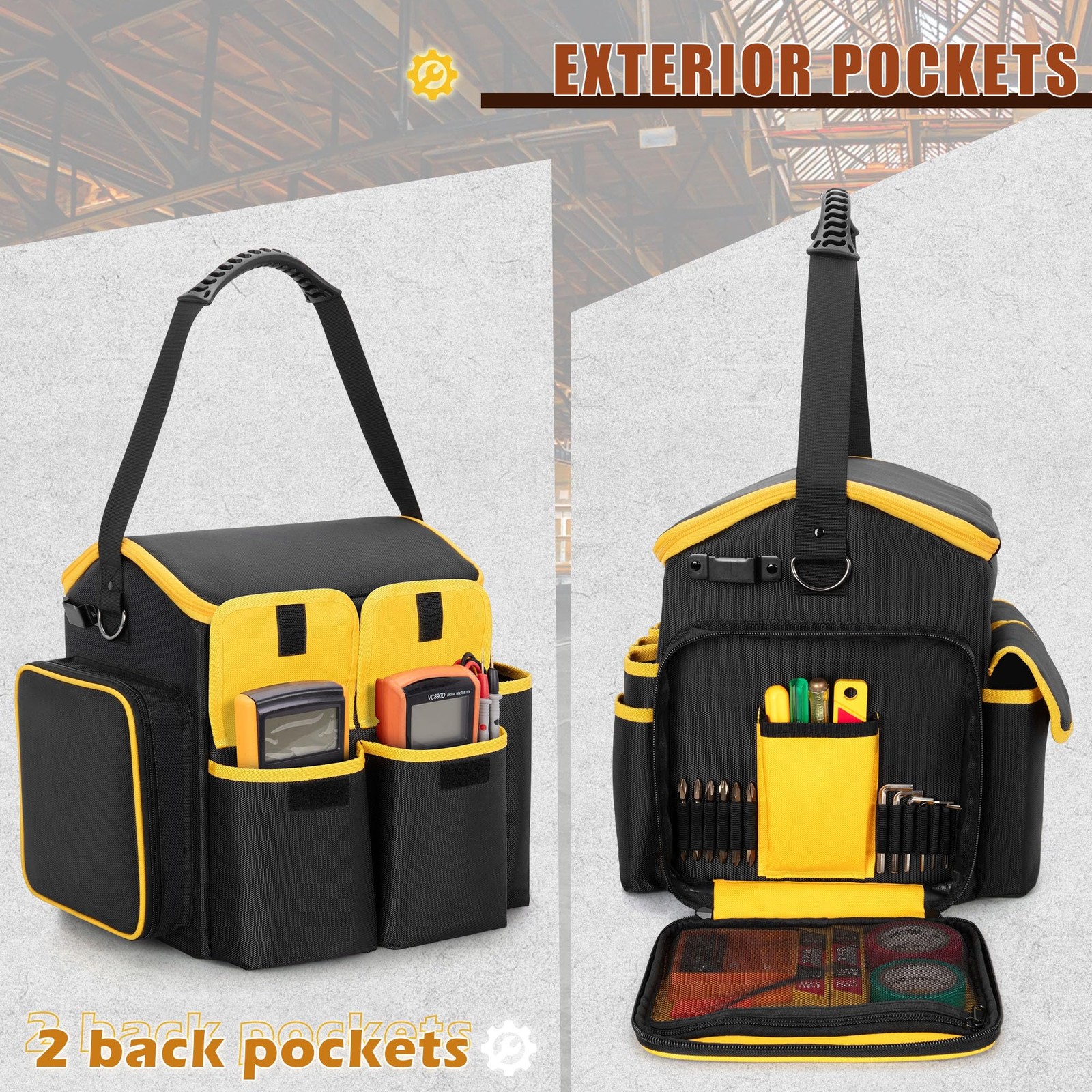 Tool Bag Detachable Divider Shoulder Strap Heavy Duty Tote Multiple Pockets