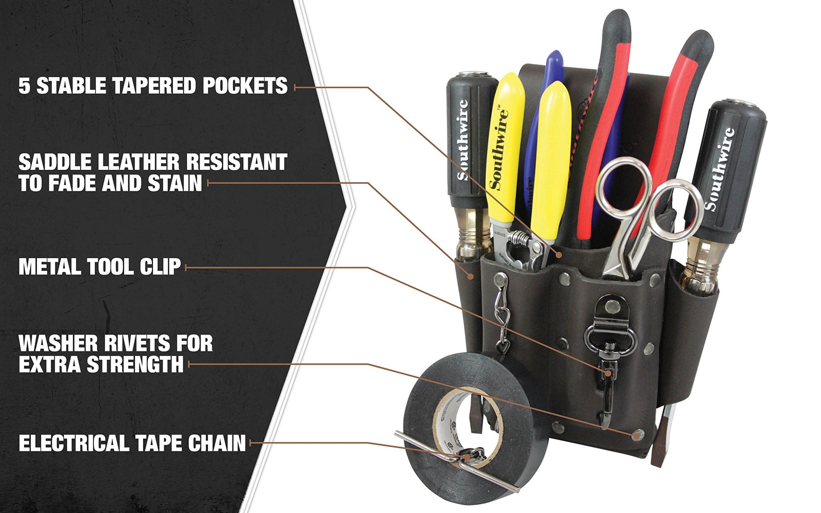 POUCH4 Leather Tool Pouch 5 Pocket Pouch with Electrical Tape Chain Fade Resista