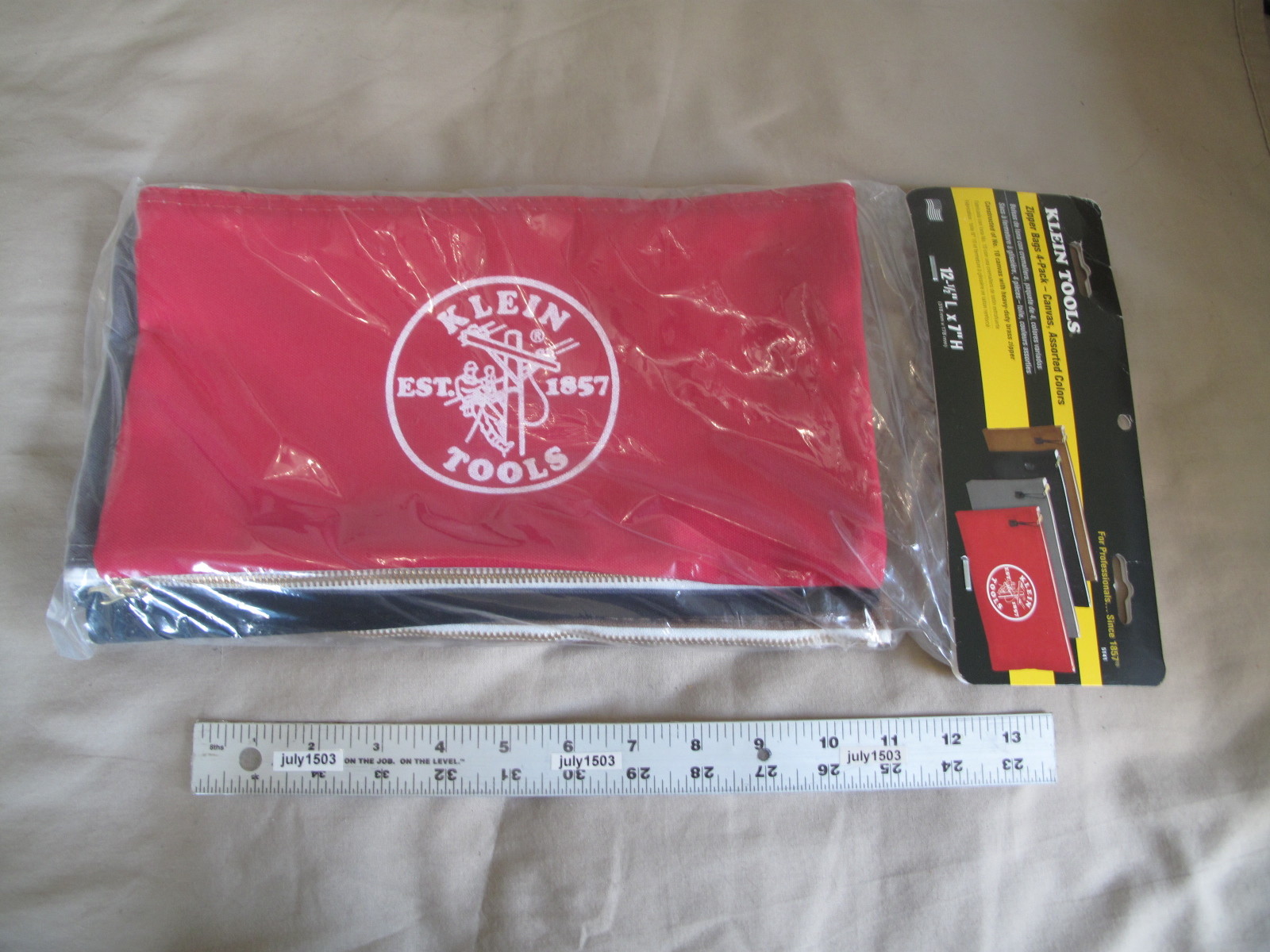 (1) NEW Klein Tools Canvas Zipper Bag 4-pack 12-1/2″ x 7″ Red Gray Brown Black