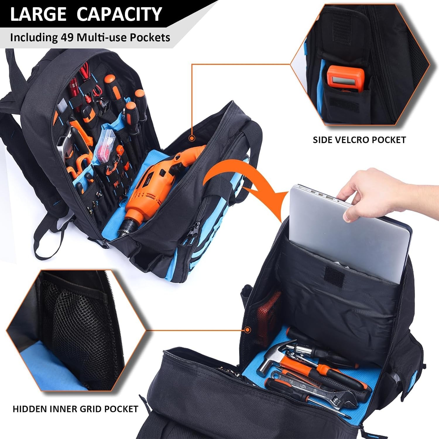 Heavy Duty Tool Bag Backpack with 49 Pockets for Electricians and Technicians