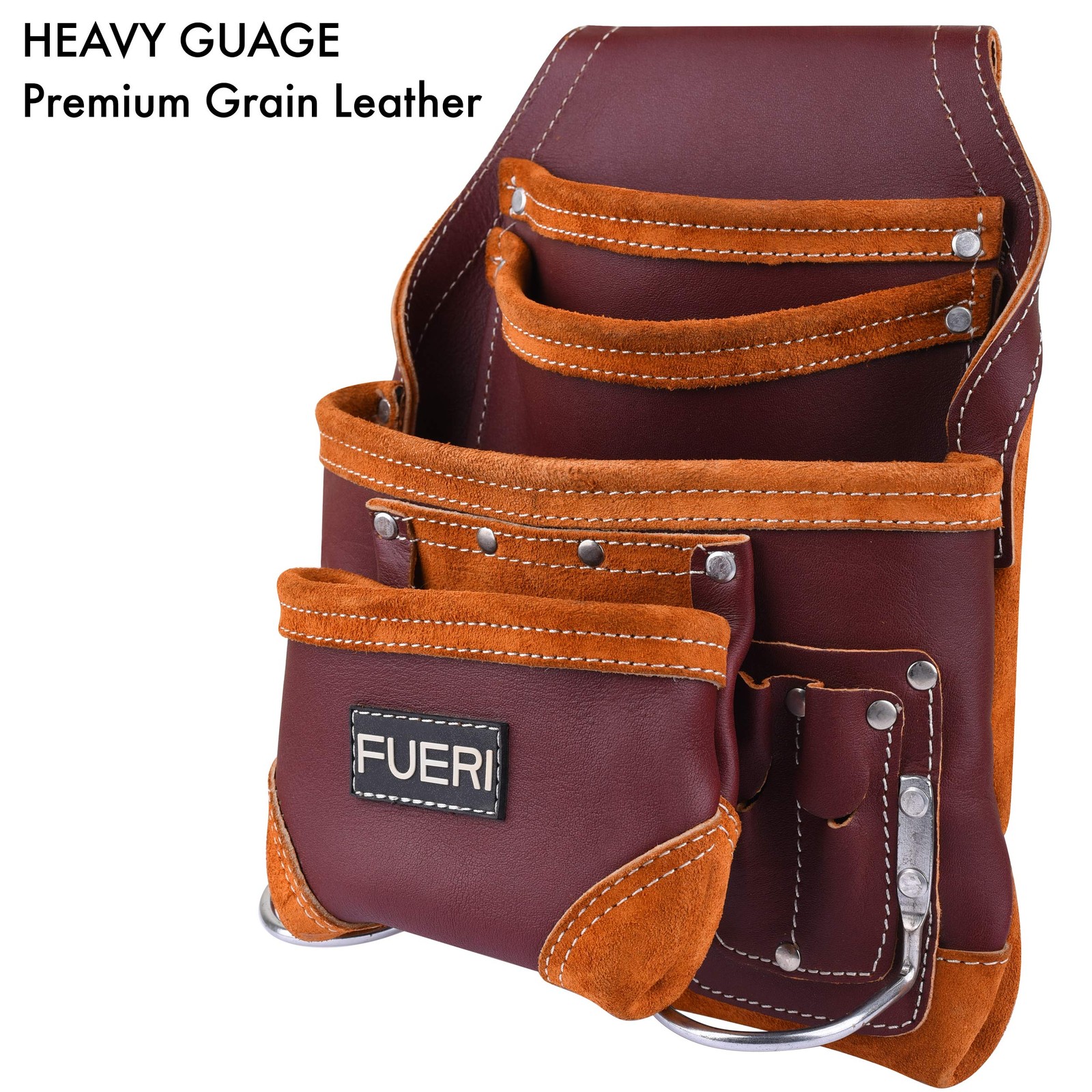 5 Pockets Leather Tool Pouch with Triple Hammer Holders for Men, Maroon Tool …