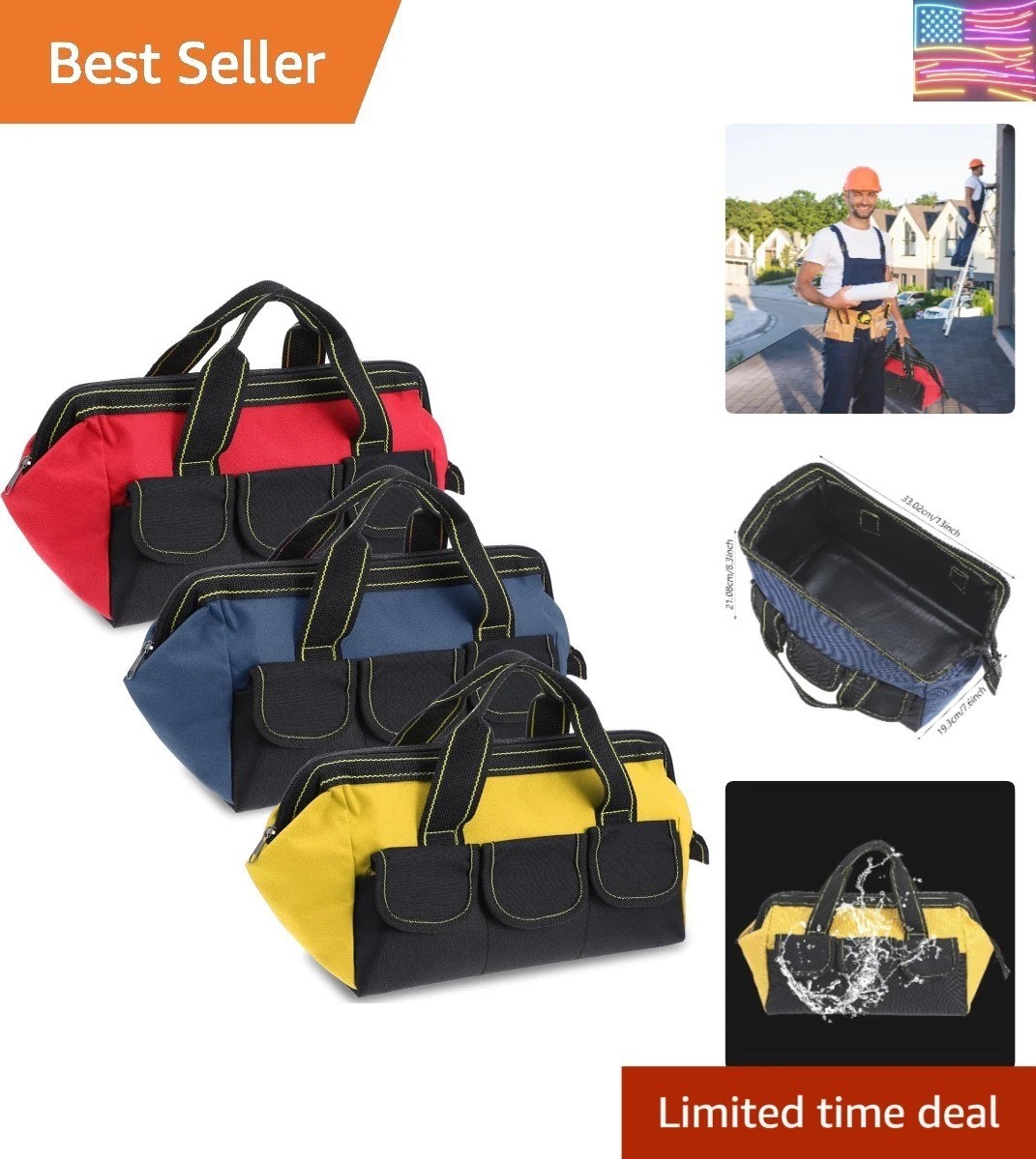 3 Pack 13 Inch Tool Bag, Wide Mouth Tool Tote Bag with Waterproof Base, Heavy…