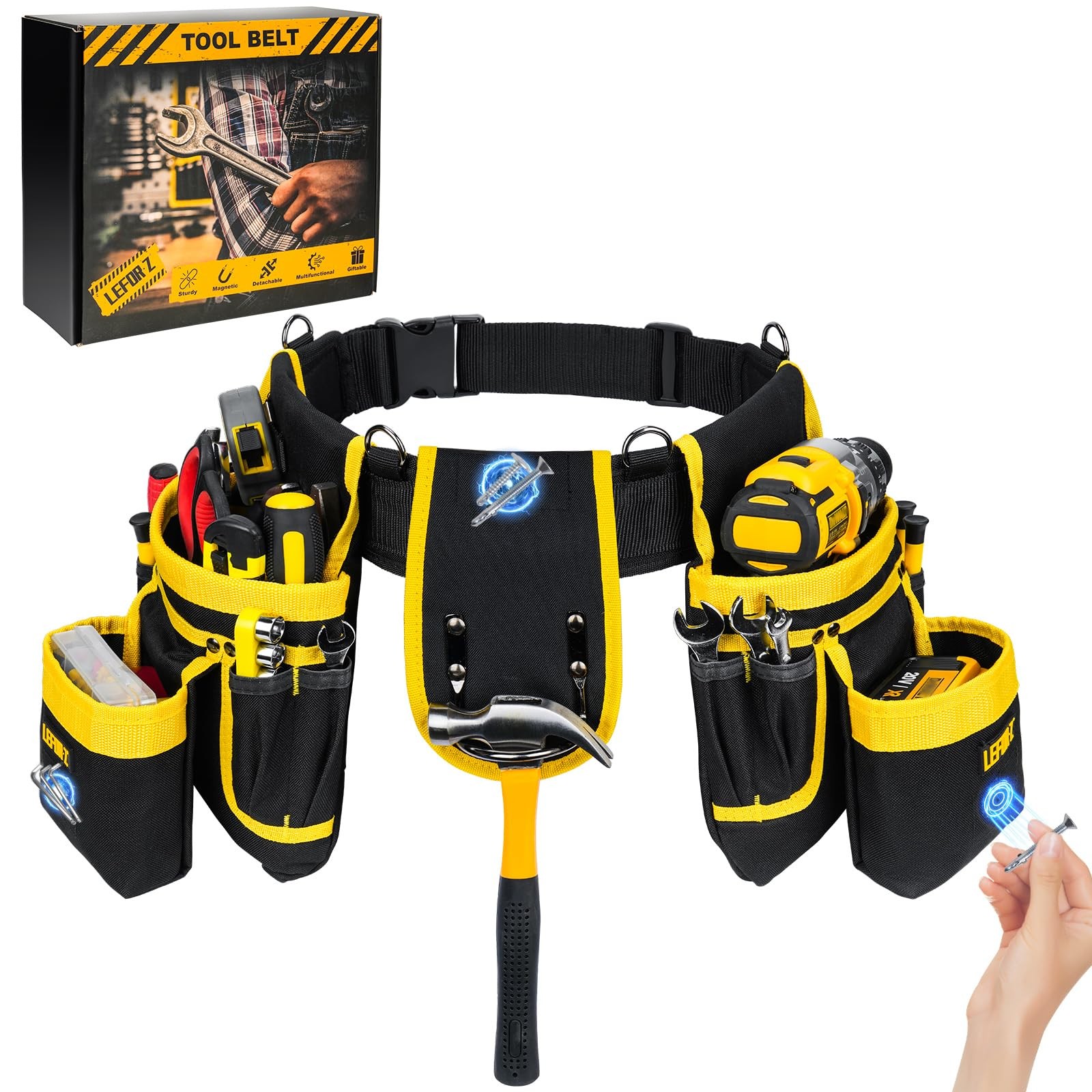 Tool Belt,Magnetic 27 Pockets with Magnet Pouch, Yellow & Black