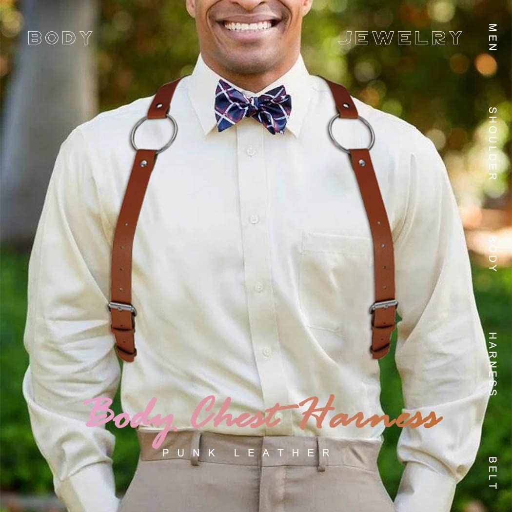 BODIY Men Leather Suspenders Belt Y-Back Shoulder Strap free size, Brown