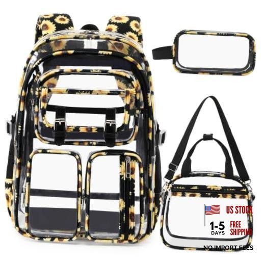 Clear Backpack for Girls – 3Pcs Heavy Duty Transparent Backpack Black Daisies